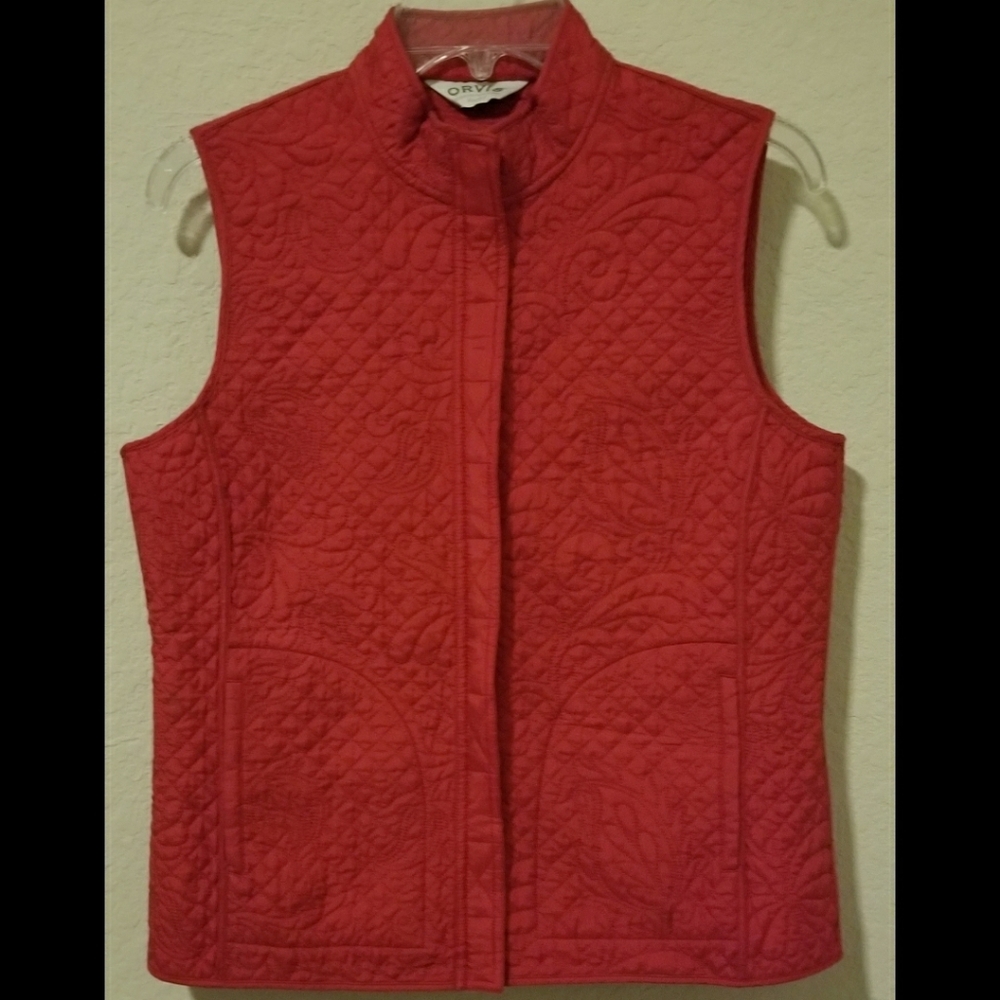 Orvis Red Quilted 100% Silk Zipper Vest, Sz S